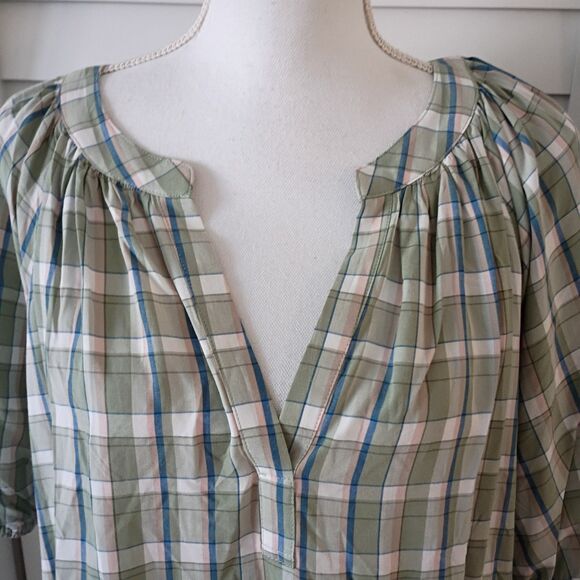 Loft Green Plaid Rayon V-Neck Short Sleeve Blouse XL NEW - Picture 6 of 8